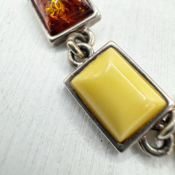 Bezel Set Amber Sterling Silver Link Bracelet Baltic Butter Cognac Honey Amber - Picture 5 of 13